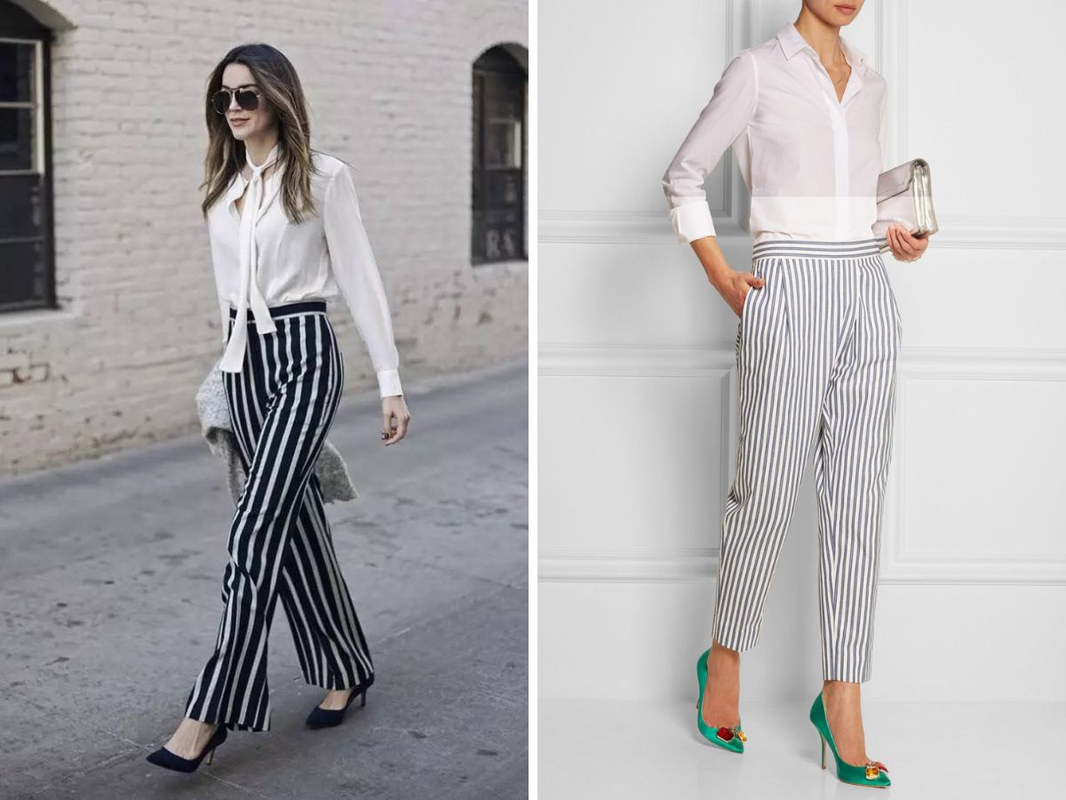 Quần kẻ sọc trắng đen mặc với áo gì công sở