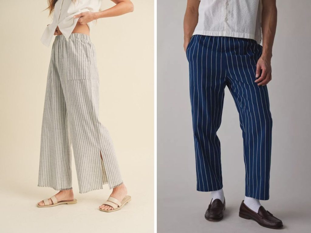 Quần kẻ sọc trắng đen phối với áo thun