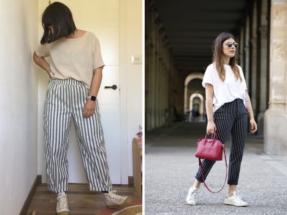 Quần kẻ sọc trắng đen mặc với áo croptop