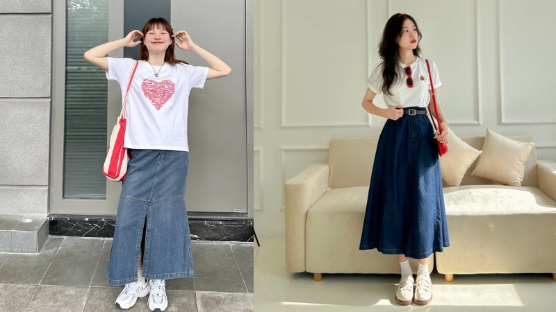 20+ Cách Phối Đồ Chân Váy Jean Dài Sành Điệu Hack Dáng 1 Phối đồ chân váy jean dài đi học