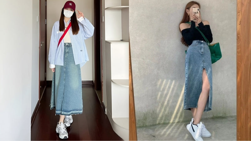 20+ Cách Phối Đồ Chân Váy Jean Dài Sành Điệu Hack Dáng 2 Chân váy jean dài phối với áo sơ mi