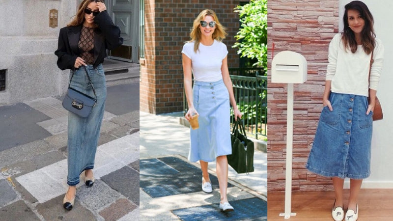 20+ Cách Phối Đồ Chân Váy Jean Dài Sành Điệu Hack Dáng 6 Chân váy jean dài phối với giày sneaker