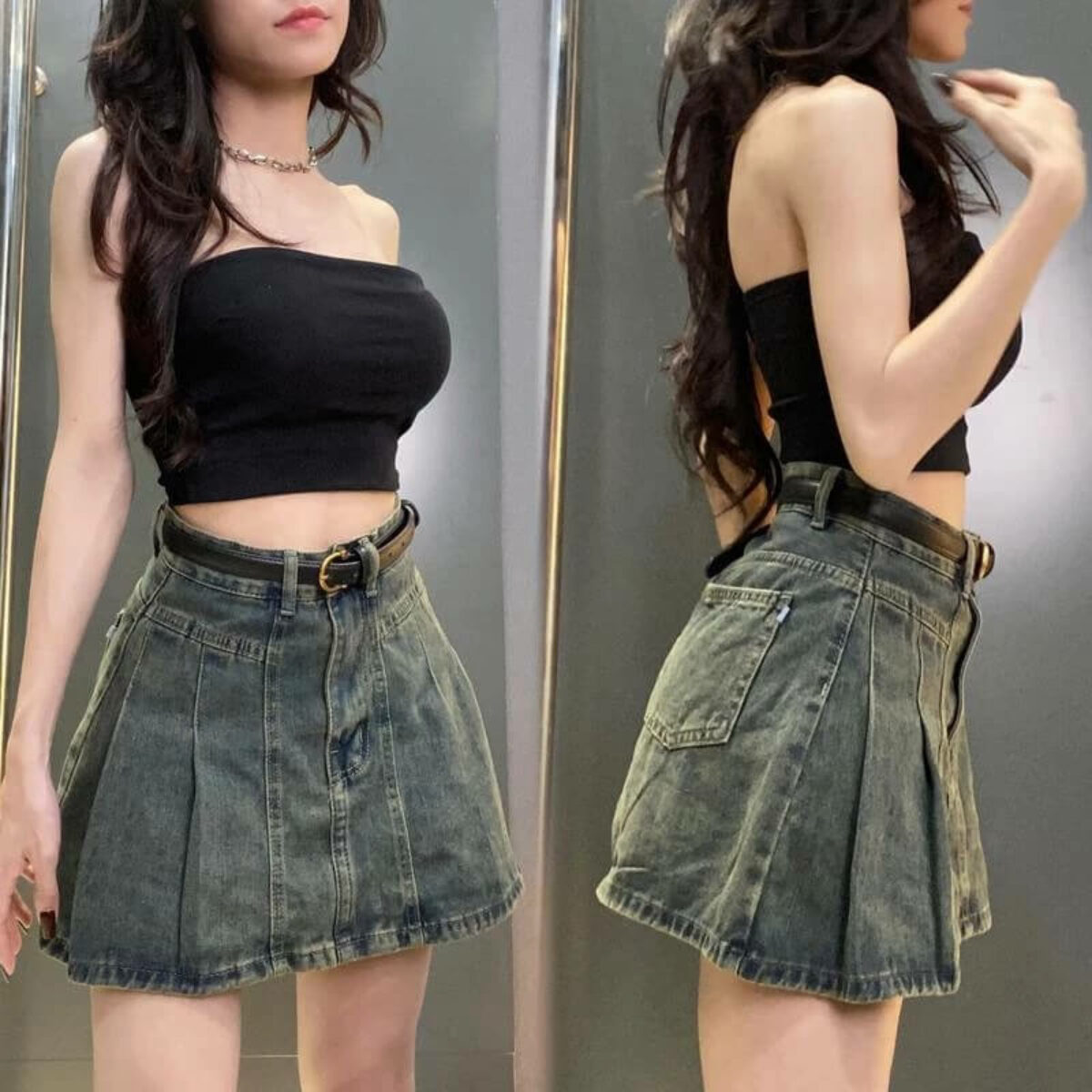 Phối đồ với chân váy jean dài và áo croptop