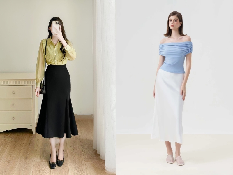 Phối đồ với chân váy dài chữ a cho người lùn