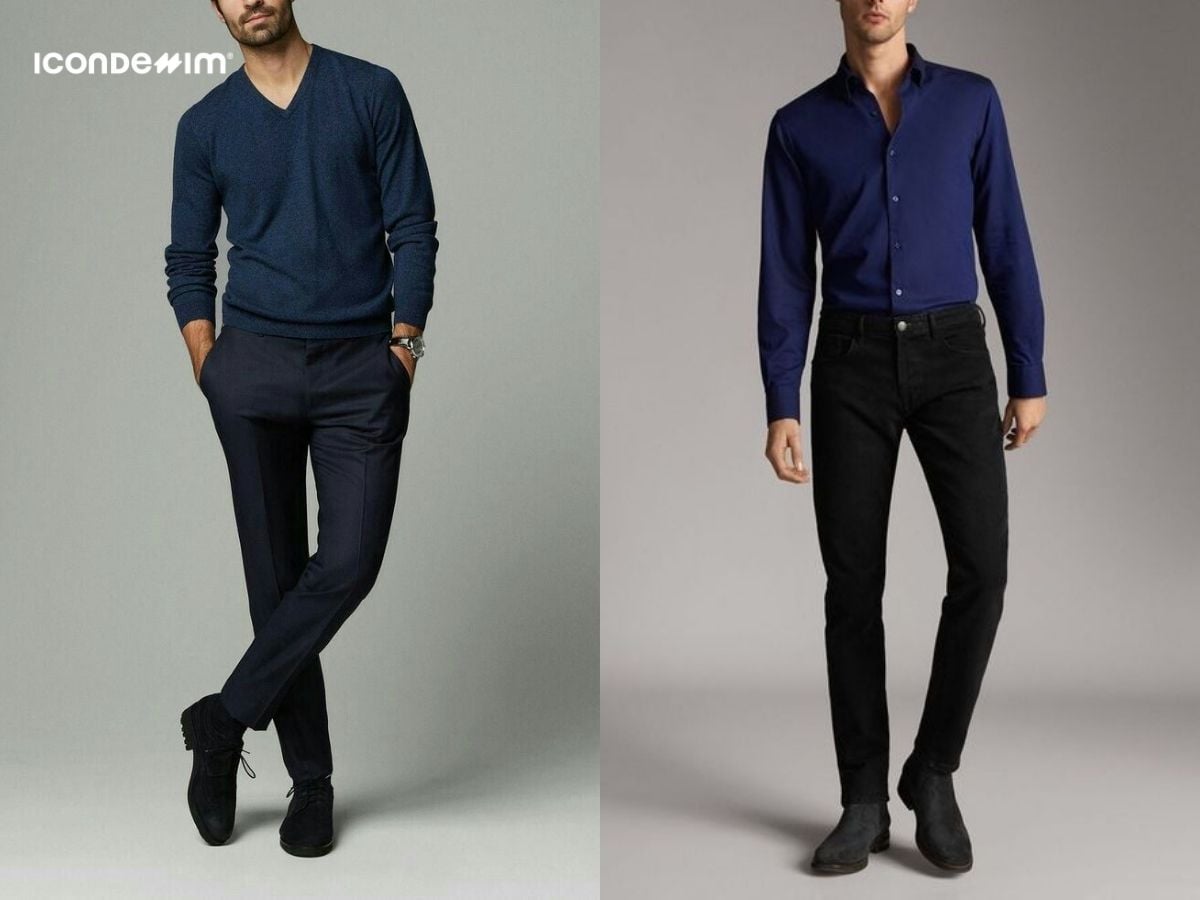 Quần đen phối áo màu xanh navy