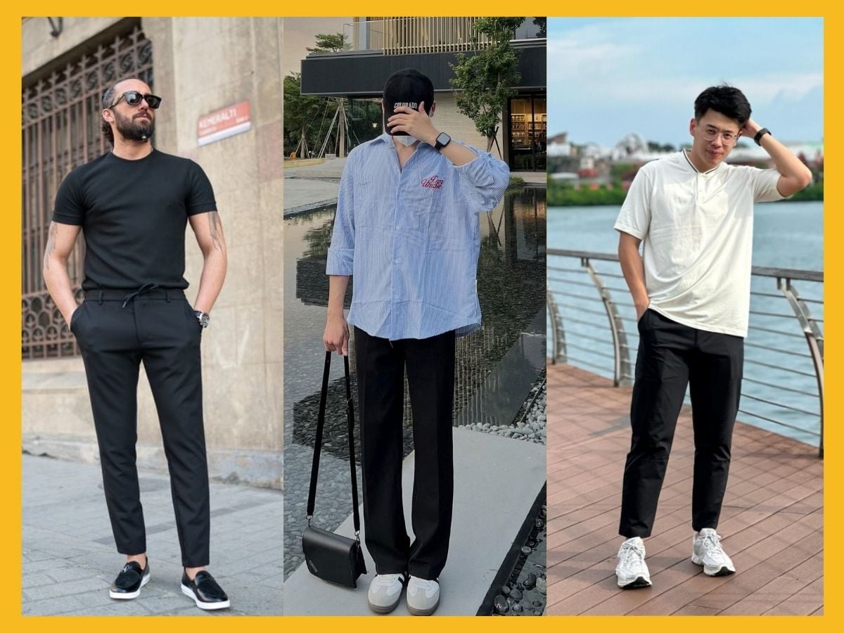 Quần đen mặc với áo sơ mi trắng