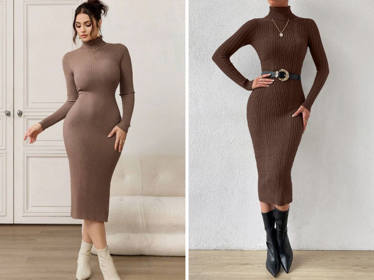 Phối đồ với váy len body dài màu nâu